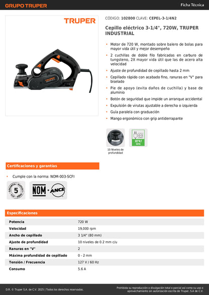 Cepillo Eléctrico TRUPER 3-1/4" 720W Industrial - Acabado Profesional Madera - Cuchillas Carburo Tungsteno - CEPEL-3-1/4N2