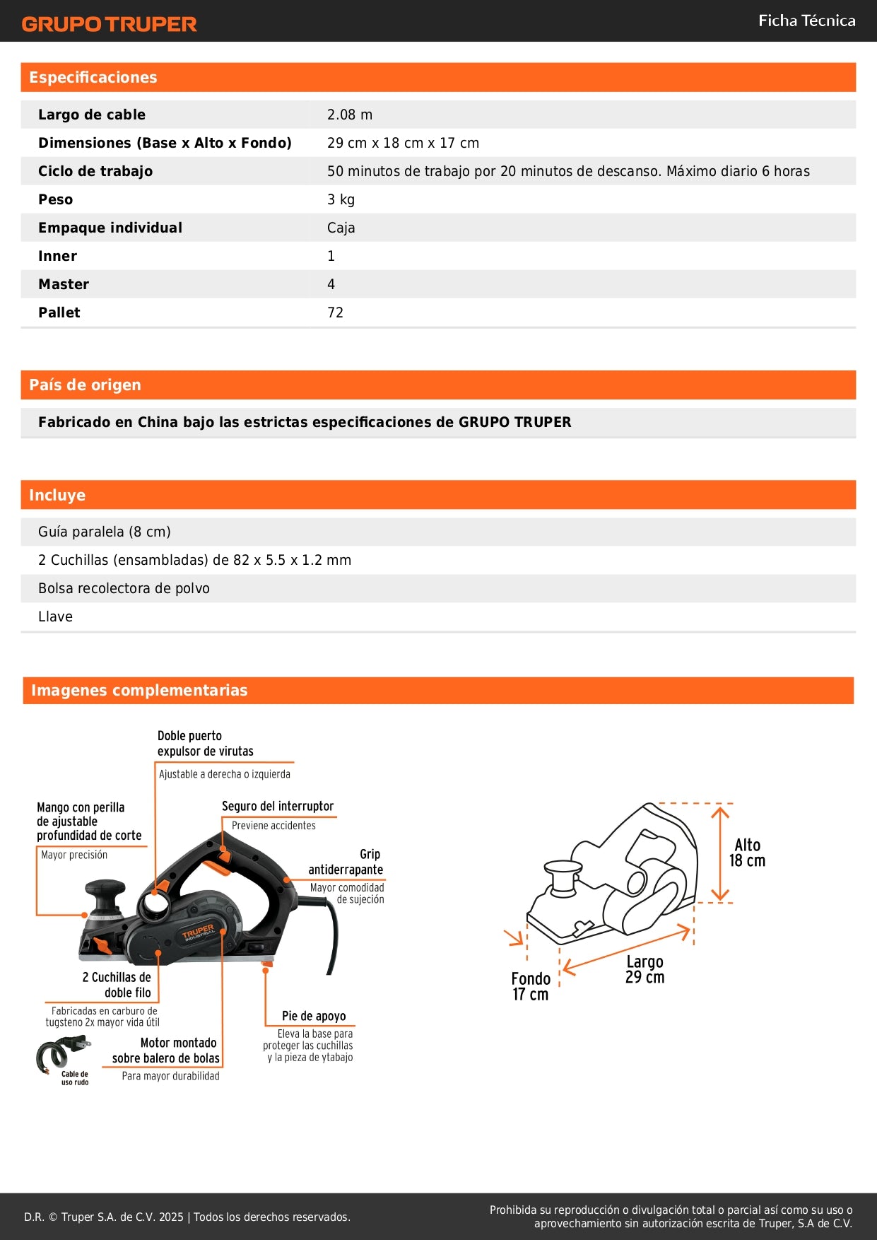 Cepillo Eléctrico TRUPER 3-1/4" 720W Industrial - Acabado Profesional Madera - Cuchillas Carburo Tungsteno - CEPEL-3-1/4N2