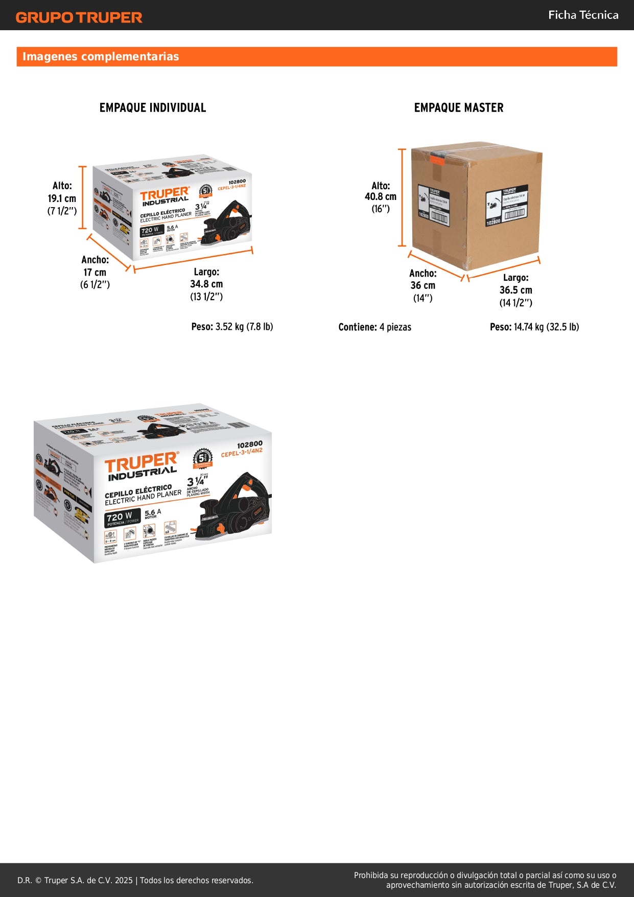 Cepillo Eléctrico TRUPER 3-1/4" 720W Industrial - Acabado Profesional Madera - Cuchillas Carburo Tungsteno - CEPEL-3-1/4N2