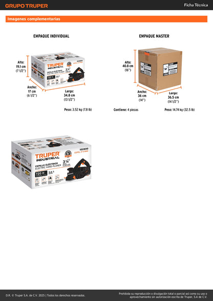 Cepillo Eléctrico TRUPER 3-1/4" 720W Industrial - Acabado Profesional Madera - Cuchillas Carburo Tungsteno - CEPEL-3-1/4N2