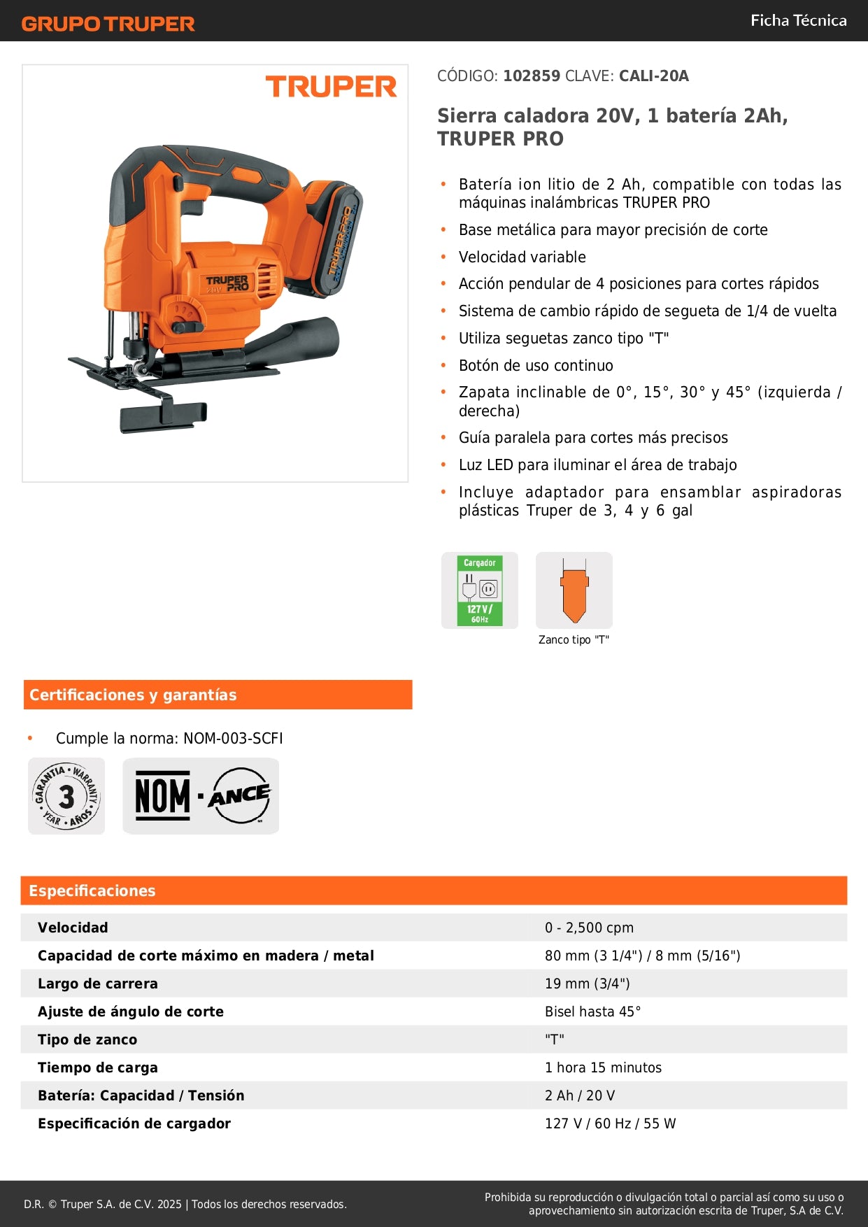 Sierra Caladora 20V TRUPER PRO con Batería 2Ah - Herramienta Inalámbrica Profesional