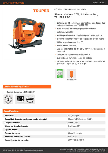 Sierra Caladora 20V TRUPER PRO con Batería 2Ah - Herramienta Inalámbrica Profesional