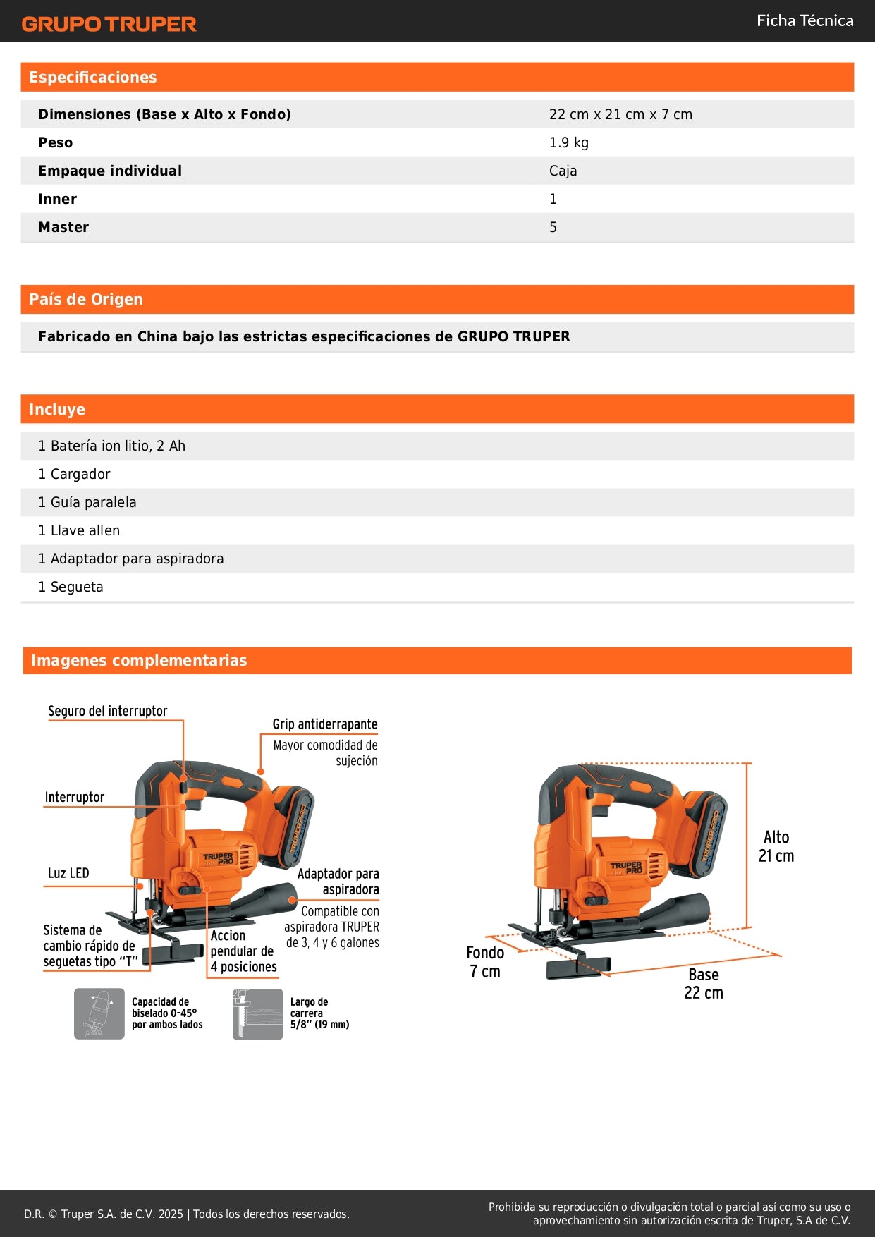 Sierra Caladora 20V TRUPER PRO con Batería 2Ah - Herramienta Inalámbrica Profesional