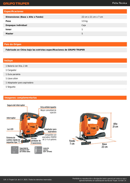 Sierra Caladora 20V TRUPER PRO con Batería 2Ah - Herramienta Inalámbrica Profesional
