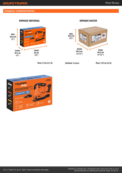 Sierra Caladora 20V TRUPER PRO con Batería 2Ah - Herramienta Inalámbrica Profesional