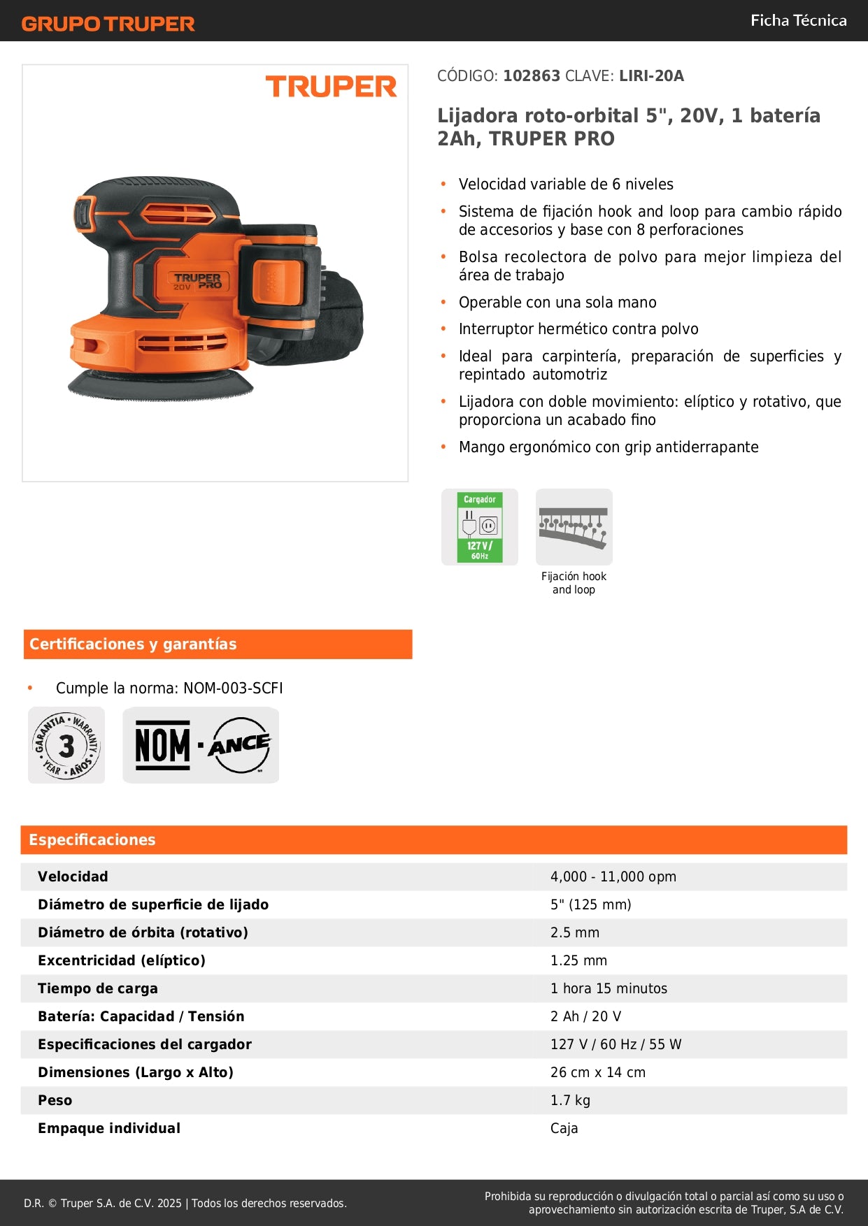 Lijadora Roto-Orbital 5 Pulgadas 20V TRUPER PRO LIRI-20A - Velocidad Variable 6 Niveles con Batería 2Ah y Sistema Hook Loop