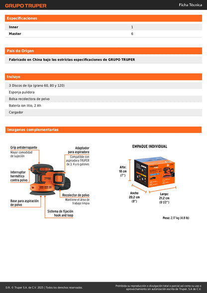 Lijadora Roto-Orbital 5 Pulgadas 20V TRUPER PRO LIRI-20A - Velocidad Variable 6 Niveles con Batería 2Ah y Sistema Hook Loop