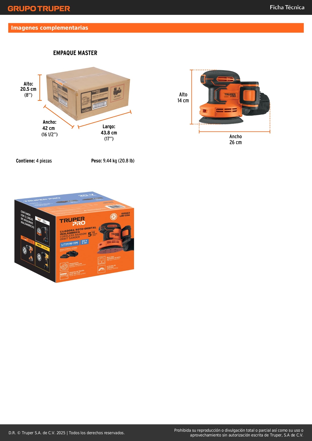 Lijadora Roto-Orbital 5 Pulgadas 20V TRUPER PRO LIRI-20A - Velocidad Variable 6 Niveles con Batería 2Ah y Sistema Hook Loop