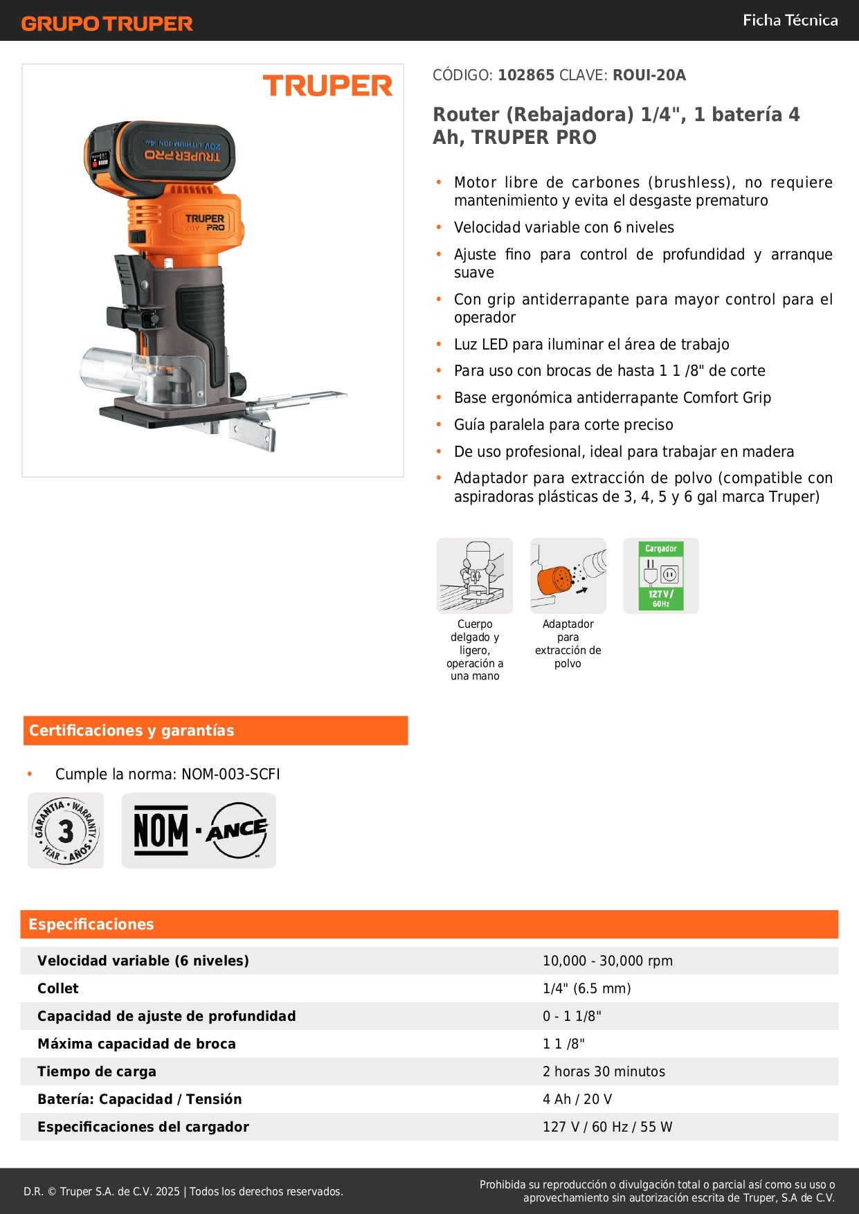 Router Rebajadora 1/4 Inalámbrica Brushless TRUPER PRO ROUI-20A - Batería 4Ah Velocidad Variable LED