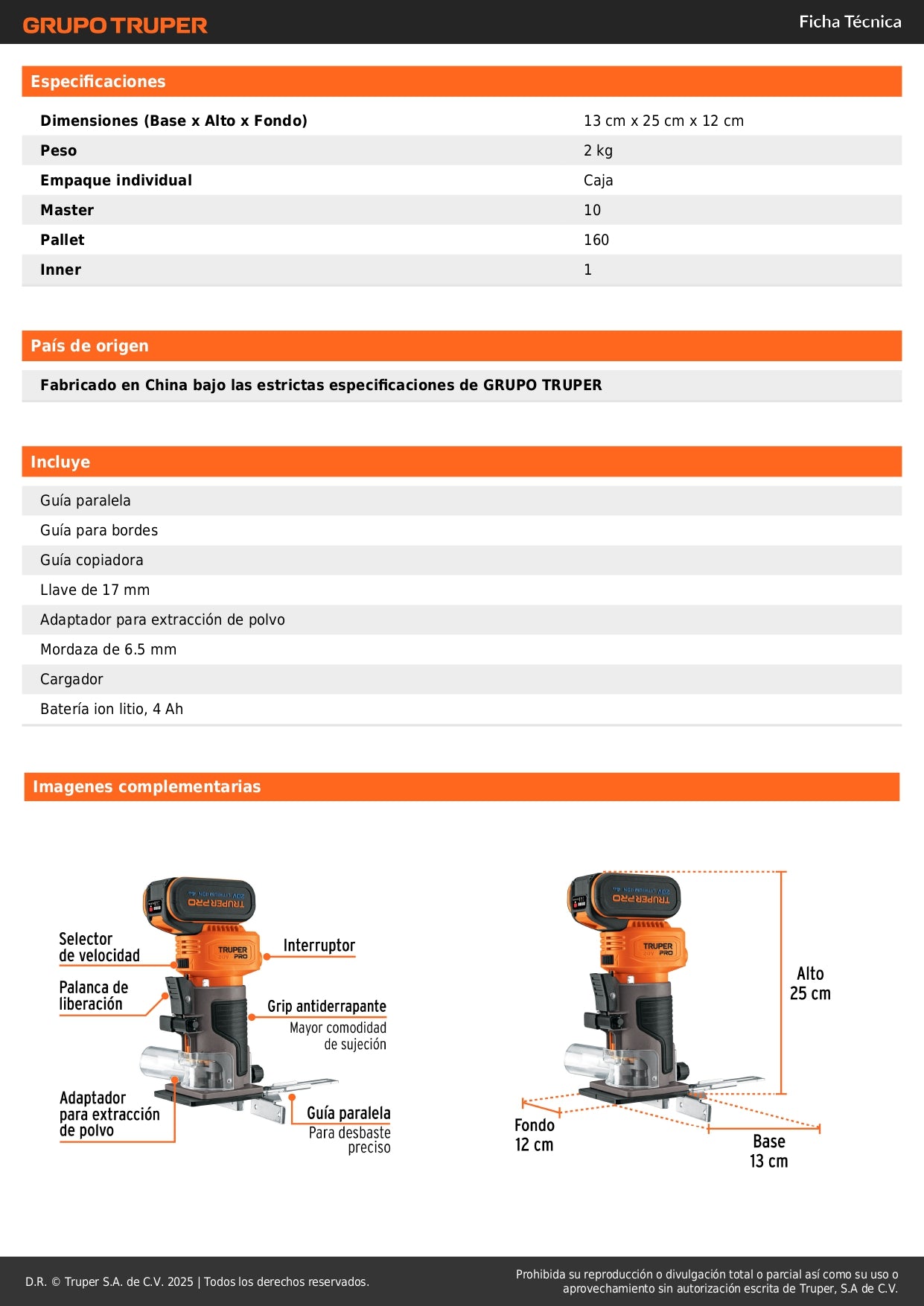 Router Rebajadora 1/4 Inalámbrica Brushless TRUPER PRO ROUI-20A - Batería 4Ah Velocidad Variable LED