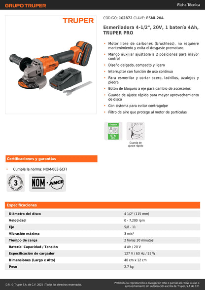 Esmeriladora Angular 4.5 Pulgadas 20V Brushless TRUPER PRO ESMI-20A - Batería 4Ah Incluida