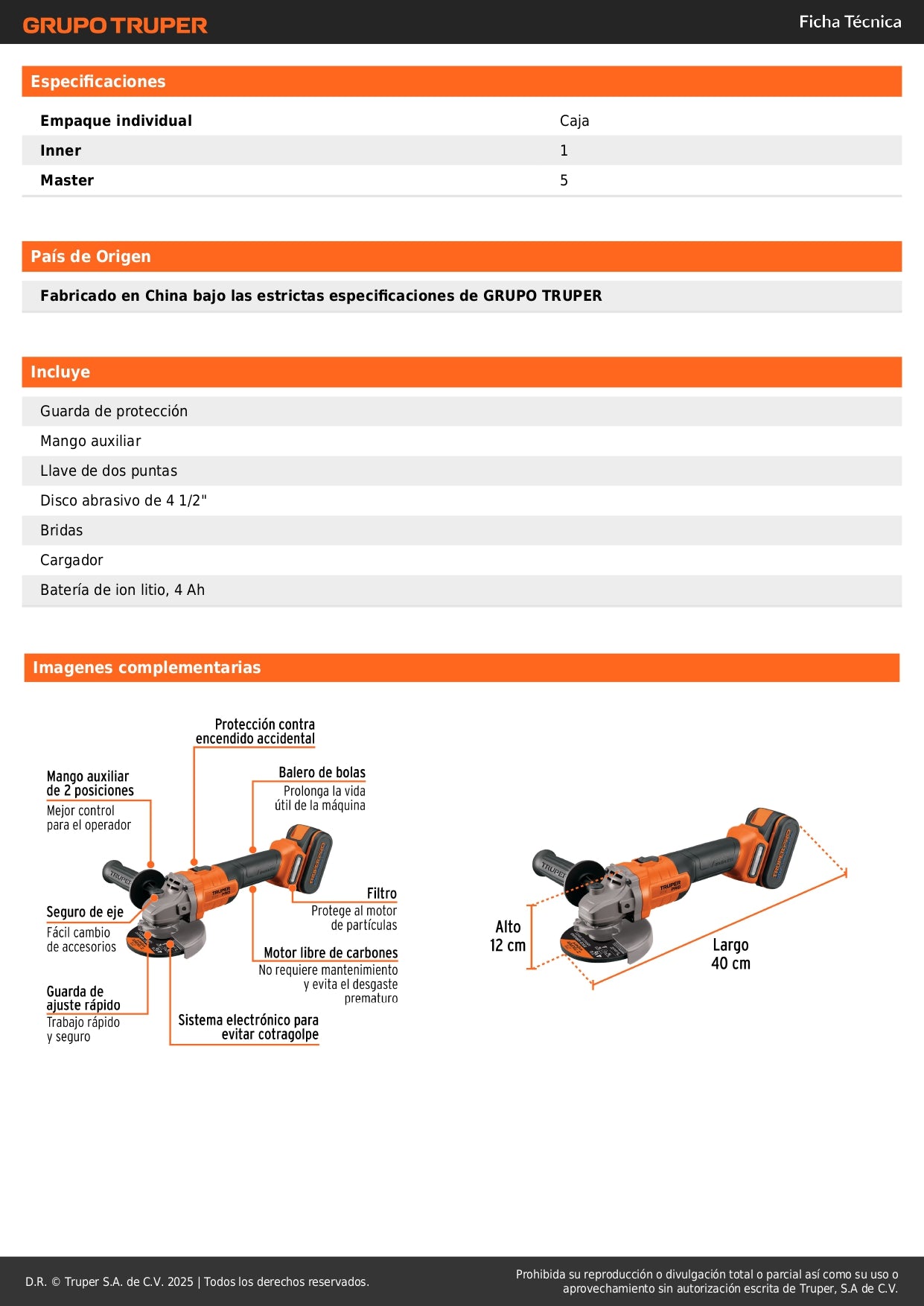 Esmeriladora Angular 4.5 Pulgadas 20V Brushless TRUPER PRO ESMI-20A - Batería 4Ah Incluida