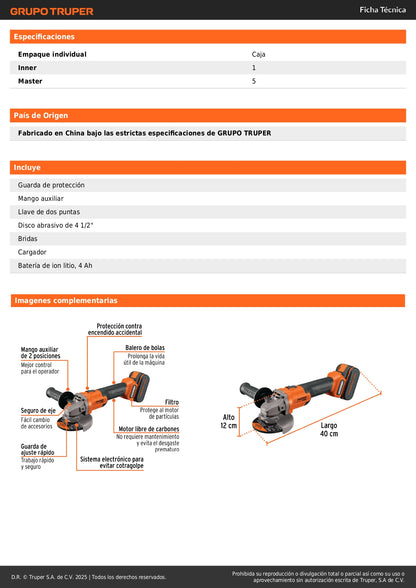Esmeriladora Angular 4.5 Pulgadas 20V Brushless TRUPER PRO ESMI-20A - Batería 4Ah Incluida