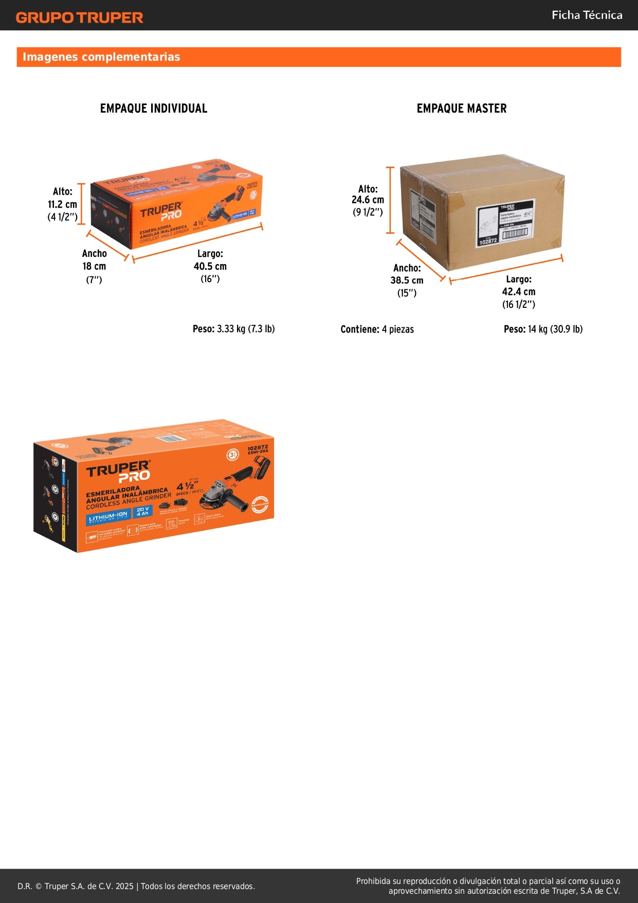 Esmeriladora Angular 4.5 Pulgadas 20V Brushless TRUPER PRO ESMI-20A - Batería 4Ah Incluida