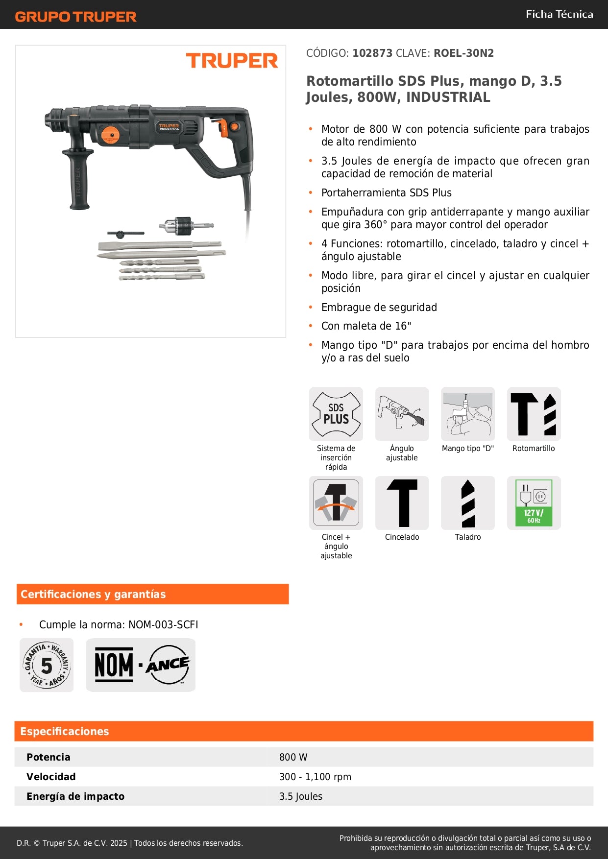 Rotomartillo SDS Plus Industrial 800W 3.5 Joules ROEL-30N2 - Perforación Profesional Concreto y Mampostería con Mango D y 4 Funciones