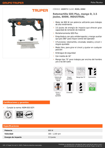 Rotomartillo SDS Plus Industrial 800W 3.5 Joules ROEL-30N2 - Perforación Profesional Concreto y Mampostería con Mango D y 4 Funciones