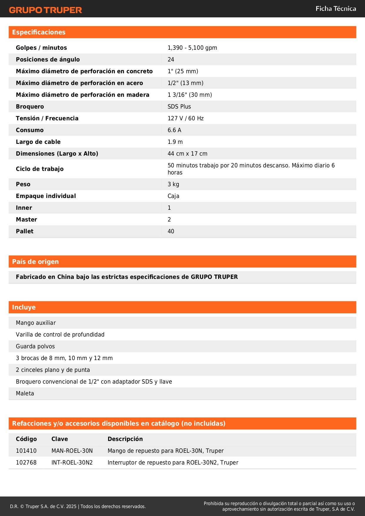 Rotomartillo SDS Plus Industrial 800W 3.5 Joules ROEL-30N2 - Perforación Profesional Concreto y Mampostería con Mango D y 4 Funciones
