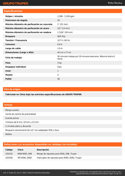 Rotomartillo SDS Plus Industrial 800W 3.5 Joules ROEL-30N2 - Perforación Profesional Concreto y Mampostería con Mango D y 4 Funciones