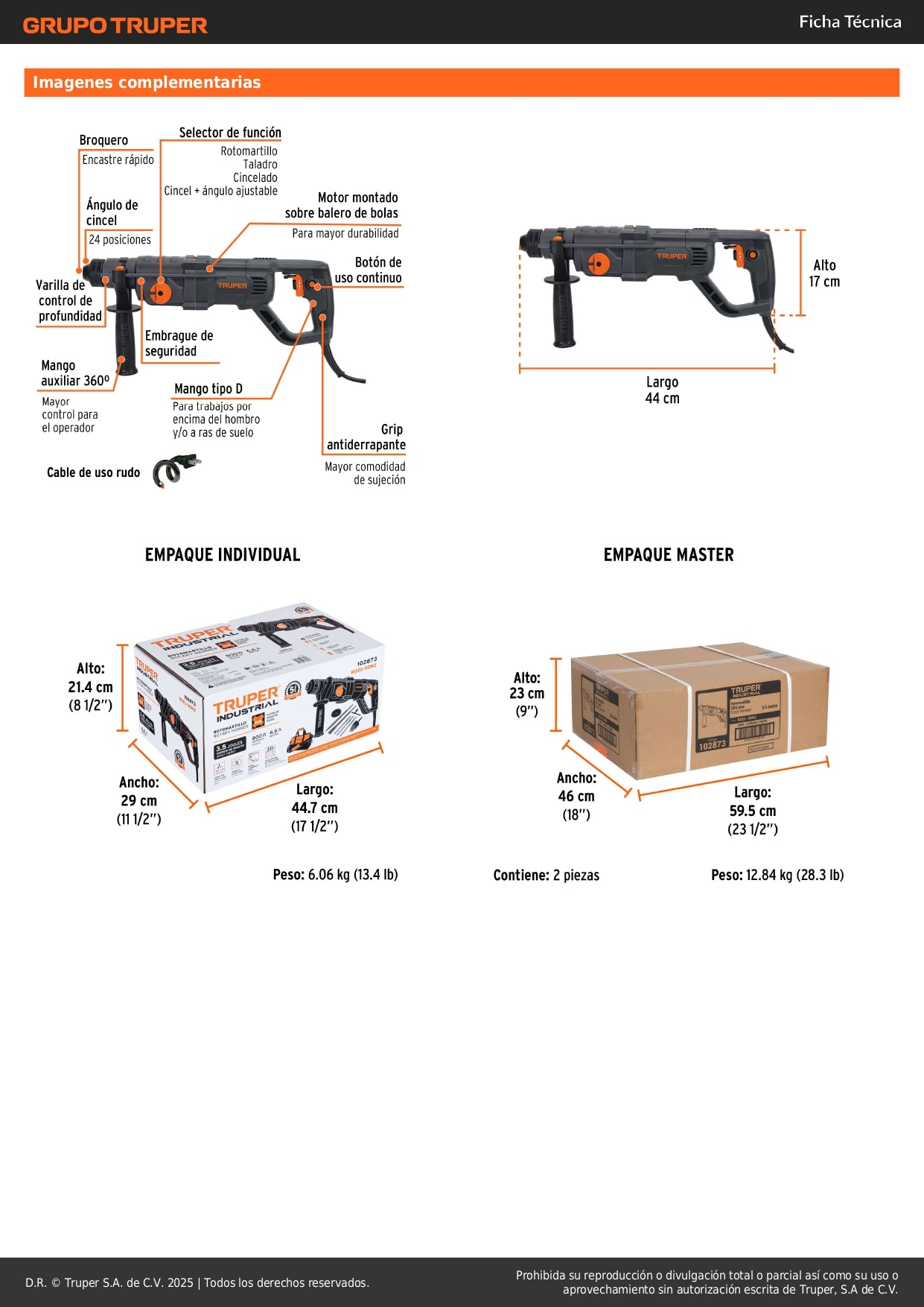Rotomartillo SDS Plus Industrial 800W 3.5 Joules ROEL-30N2 - Perforación Profesional Concreto y Mampostería con Mango D y 4 Funciones