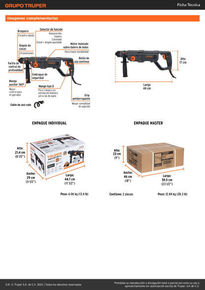 Rotomartillo SDS Plus Industrial 800W 3.5 Joules ROEL-30N2 - Perforación Profesional Concreto y Mampostería con Mango D y 4 Funciones