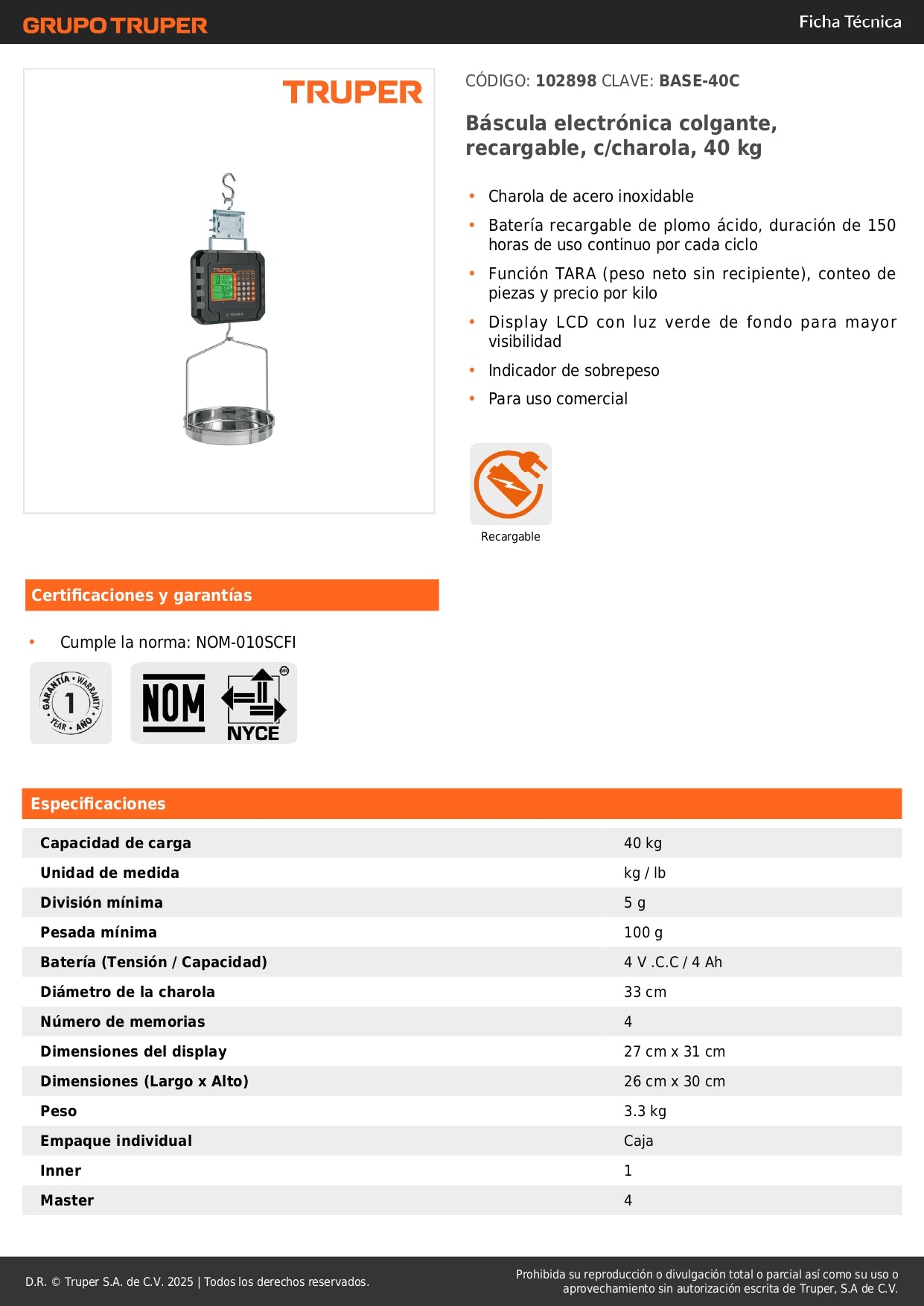 Báscula Electrónica Colgante Comercial 40kg Recargable con Charola Acero Inoxidable - Pesaje Preciso para Comercios y Mercados