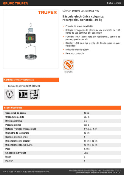 Báscula Electrónica Colgante Comercial 40kg Recargable con Charola Acero Inoxidable - Pesaje Preciso para Comercios y Mercados