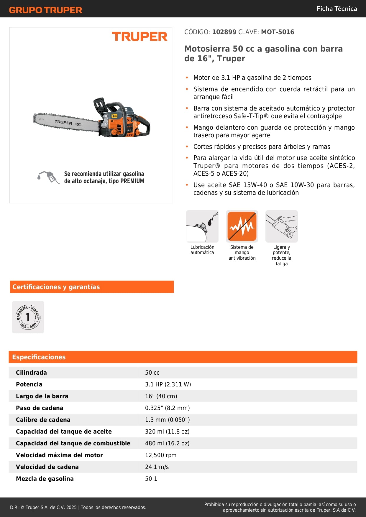 Motosierra Truper 50cc Gasolina 16 Pulgadas - Corte Profesional Árboles y Ramas - Motor 3.1HP Arranque Fácil - MOT-5016