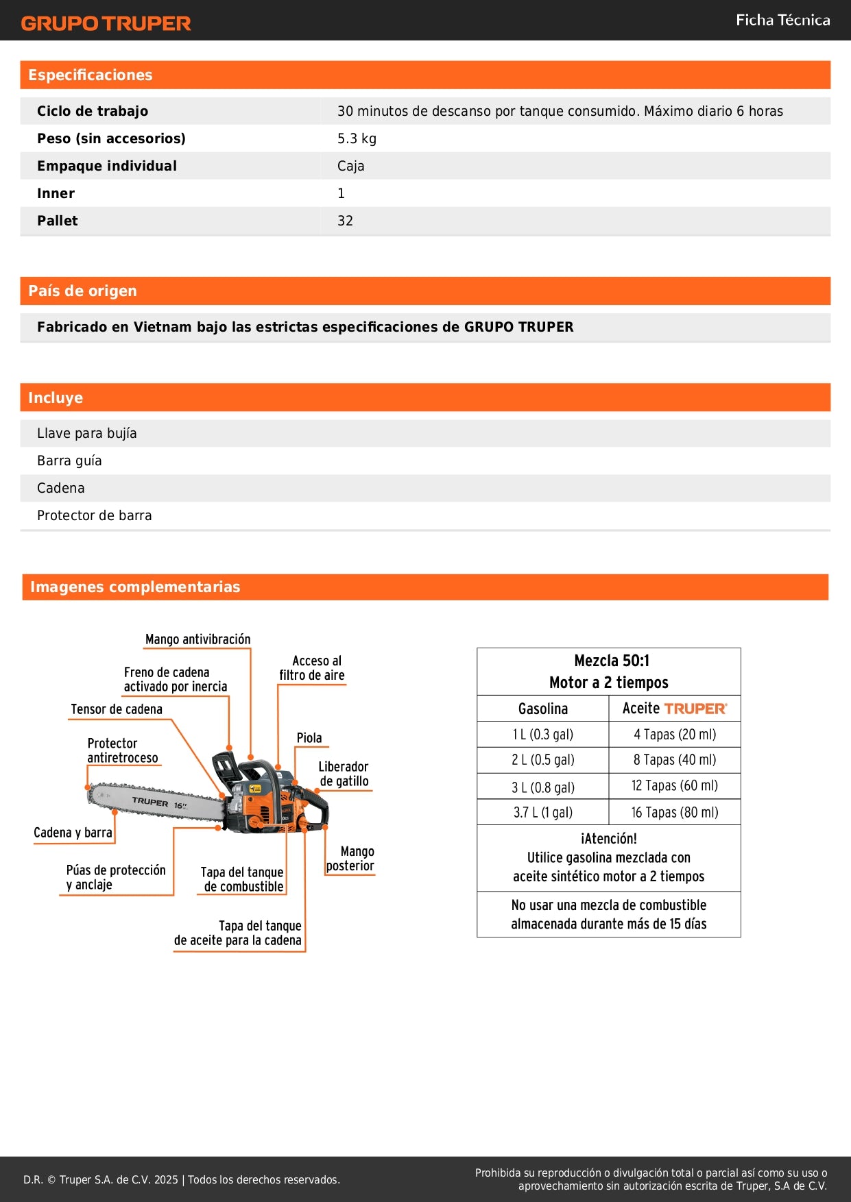 Motosierra Truper 50cc Gasolina 16 Pulgadas - Corte Profesional Árboles y Ramas - Motor 3.1HP Arranque Fácil - MOT-5016