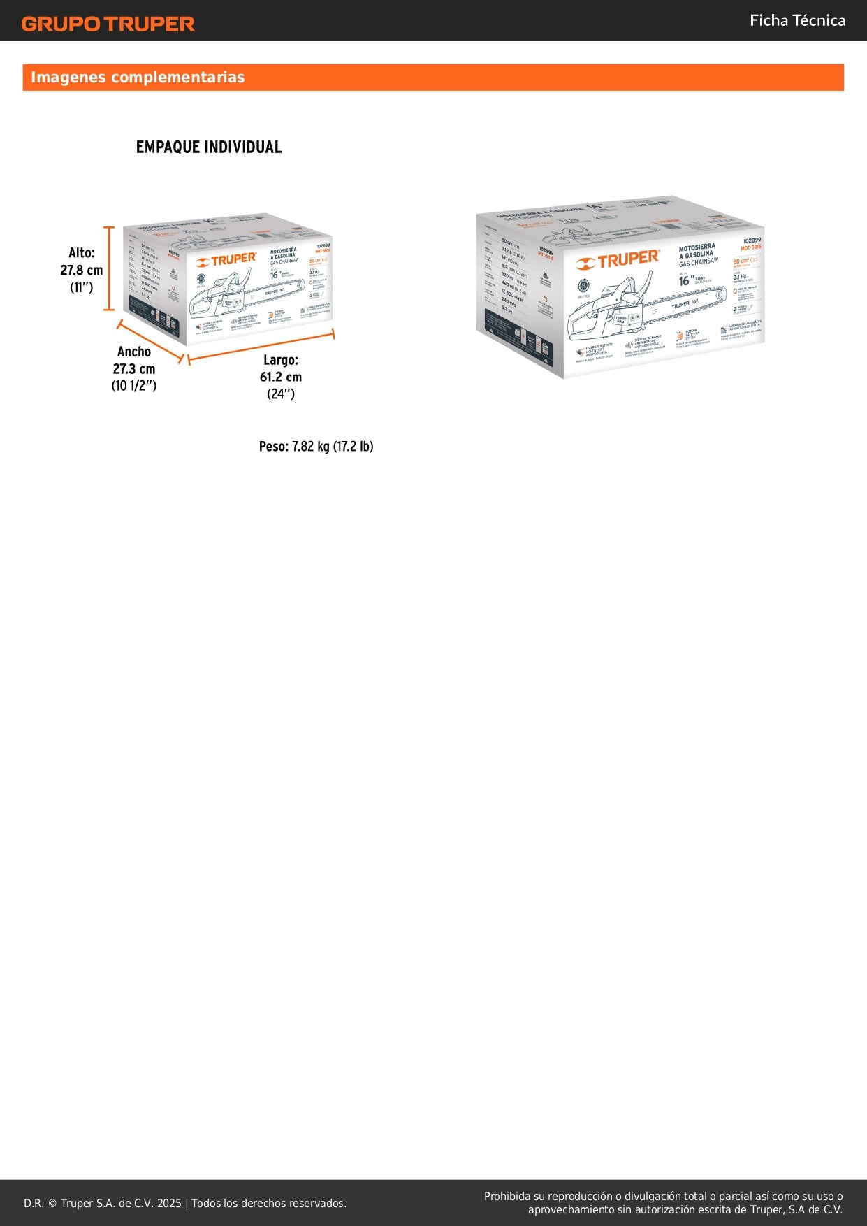 Motosierra Truper 50cc Gasolina 16 Pulgadas - Corte Profesional Árboles y Ramas - Motor 3.1HP Arranque Fácil - MOT-5016