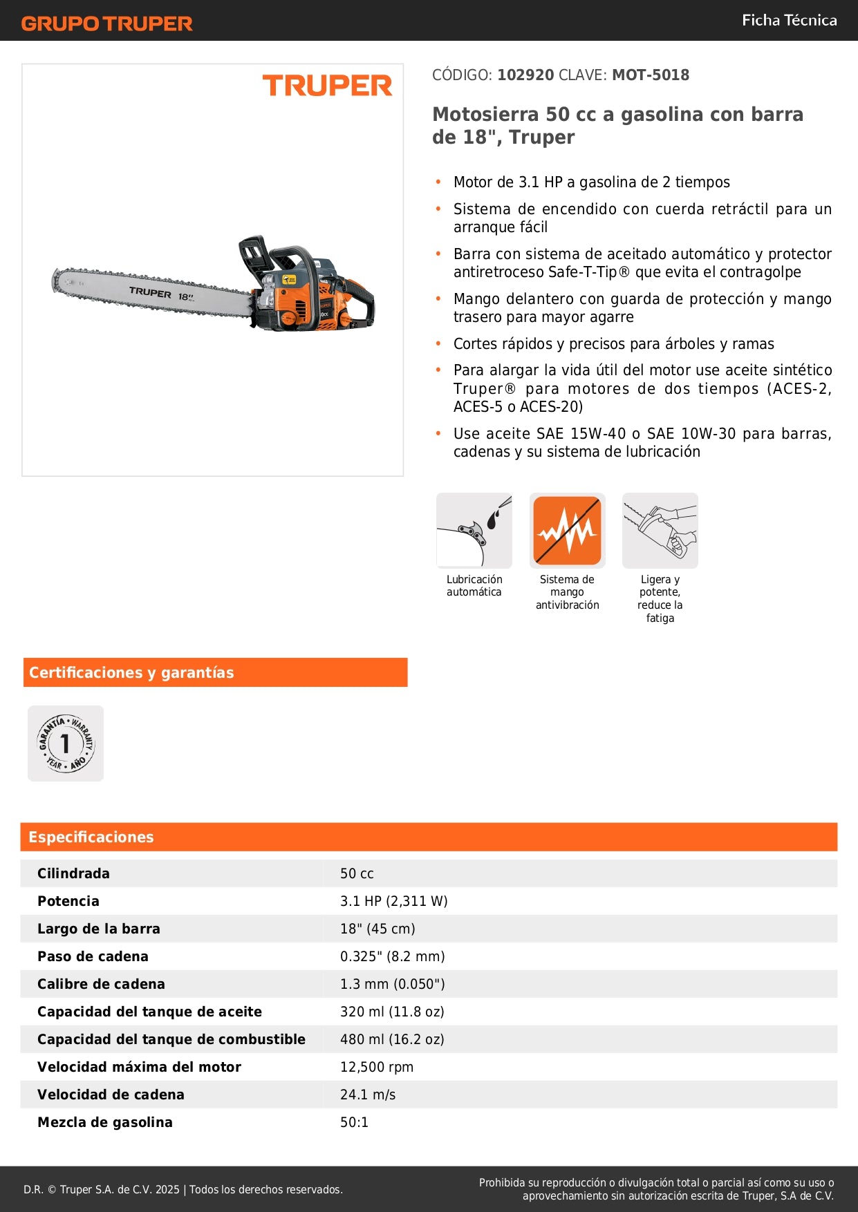 Motosierra Truper 50cc Gasolina 18 Pulgadas - Corte Profesional Árboles y Ramas MOT-5018