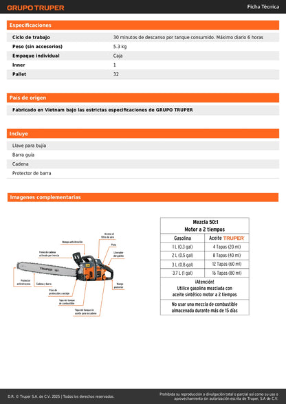 Motosierra Truper 50cc Gasolina 18 Pulgadas - Corte Profesional Árboles y Ramas MOT-5018
