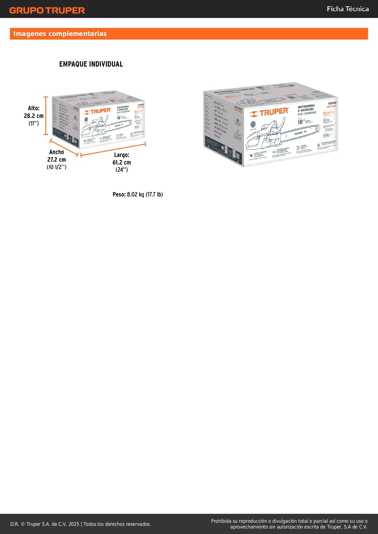 Motosierra Truper 50cc Gasolina 18 Pulgadas - Corte Profesional Árboles y Ramas MOT-5018