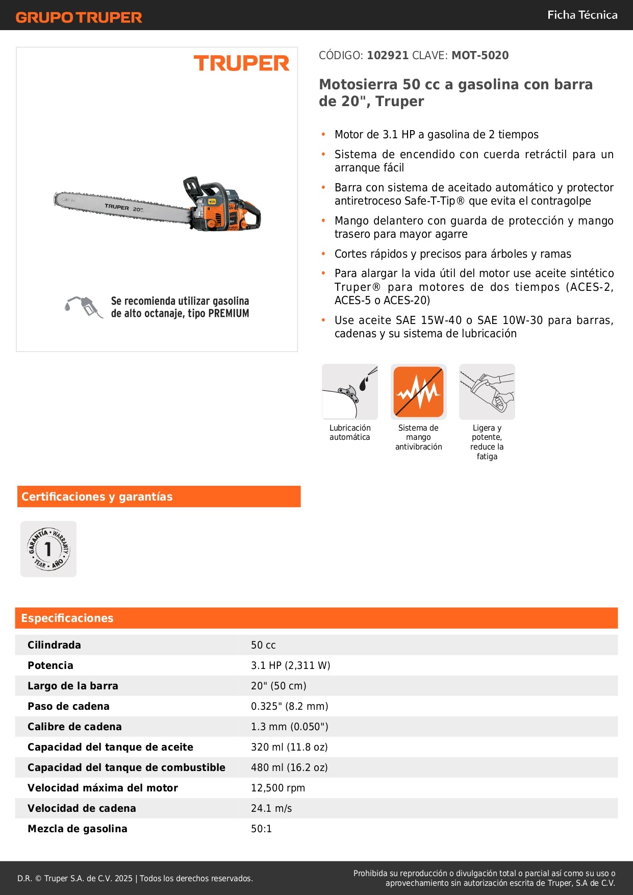 Motosierra Profesional Truper 50cc Gasolina 2 Tiempos con Barra 20" - Motor 3.1HP Sistema Antiretroceso Safe-T-Tip para Corte Preciso de Árboles y Poda de Ramas - MOT-5020