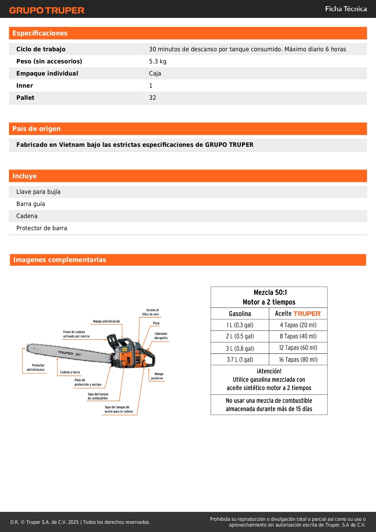 Motosierra Profesional Truper 50cc Gasolina 2 Tiempos con Barra 20" - Motor 3.1HP Sistema Antiretroceso Safe-T-Tip para Corte Preciso de Árboles y Poda de Ramas - MOT-5020
