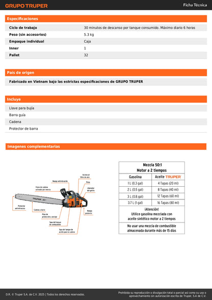 Motosierra Profesional Truper 50cc Gasolina 2 Tiempos con Barra 20" - Motor 3.1HP Sistema Antiretroceso Safe-T-Tip para Corte Preciso de Árboles y Poda de Ramas - MOT-5020