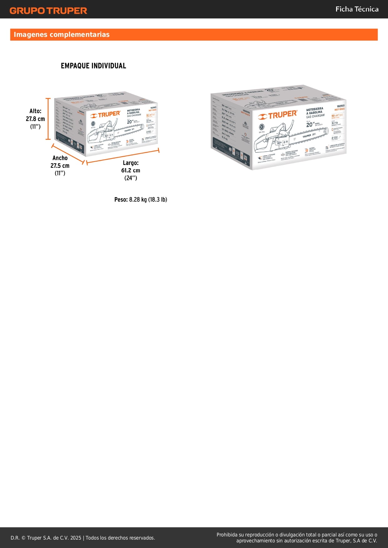Motosierra Profesional Truper 50cc Gasolina 2 Tiempos con Barra 20" - Motor 3.1HP Sistema Antiretroceso Safe-T-Tip para Corte Preciso de Árboles y Poda de Ramas - MOT-5020