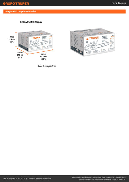 Motosierra Profesional Truper 50cc Gasolina 2 Tiempos con Barra 20" - Motor 3.1HP Sistema Antiretroceso Safe-T-Tip para Corte Preciso de Árboles y Poda de Ramas - MOT-5020