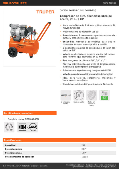 Compresor de Aire Silencioso Libre de Aceite 25L 2HP - Solución Profesional Anti-Vibración para Talleres y Herramientas Neumáticas - COMP-25Q