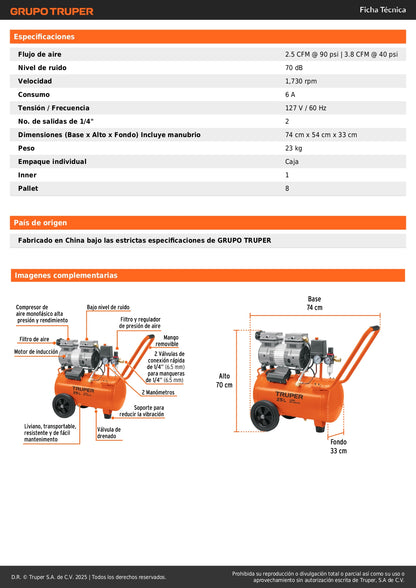 Compresor de Aire Silencioso Libre de Aceite 25L 2HP - Solución Profesional Anti-Vibración para Talleres y Herramientas Neumáticas - COMP-25Q