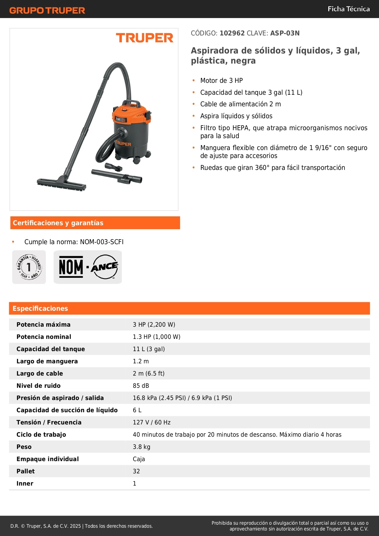 Aspiradora de sólidos y líquidos, 3 gal, plástica, negra