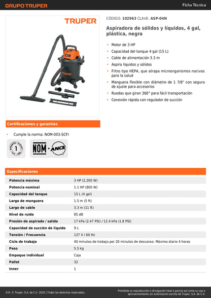 Aspiradora Industrial TRUPER 4 Galones Húmedo-Seco - Sólidos y Líquidos