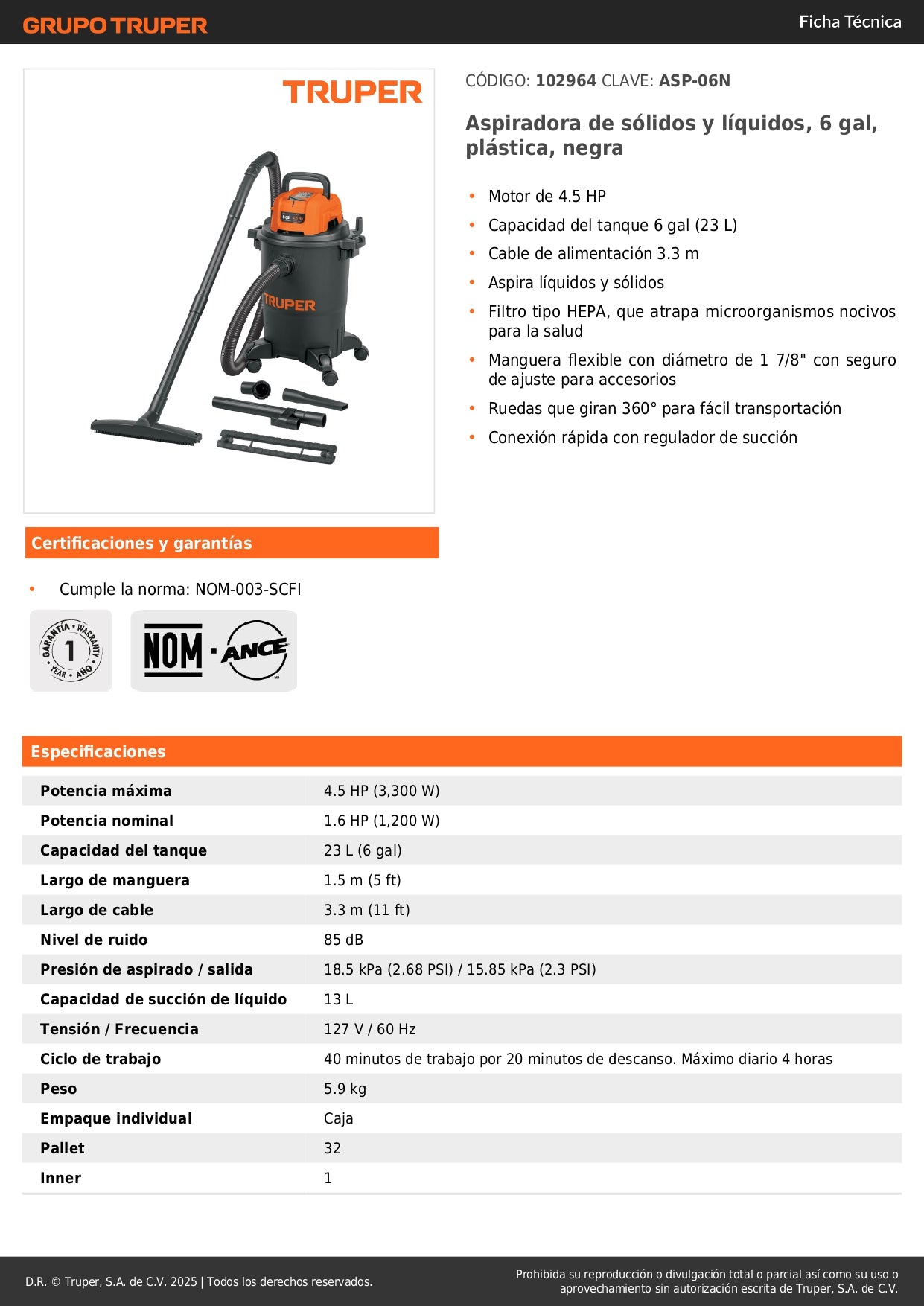 Aspiradora Industrial TRUPER 6 Galones Húmedo-Seco - Sólidos y Líquidos