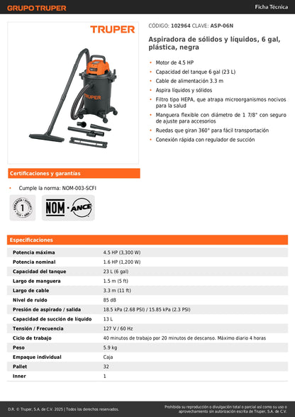 Aspiradora Industrial TRUPER 6 Galones Húmedo-Seco - Sólidos y Líquidos