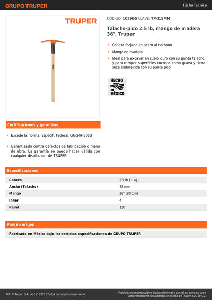 Talacho Pico 2.5 lb Truper TP-2.5MM - Herramienta Profesional para Excavación en Suelo Duro y Superficies Rocosas - Mango Madera 36" - Ideal Construcción y Jardinería