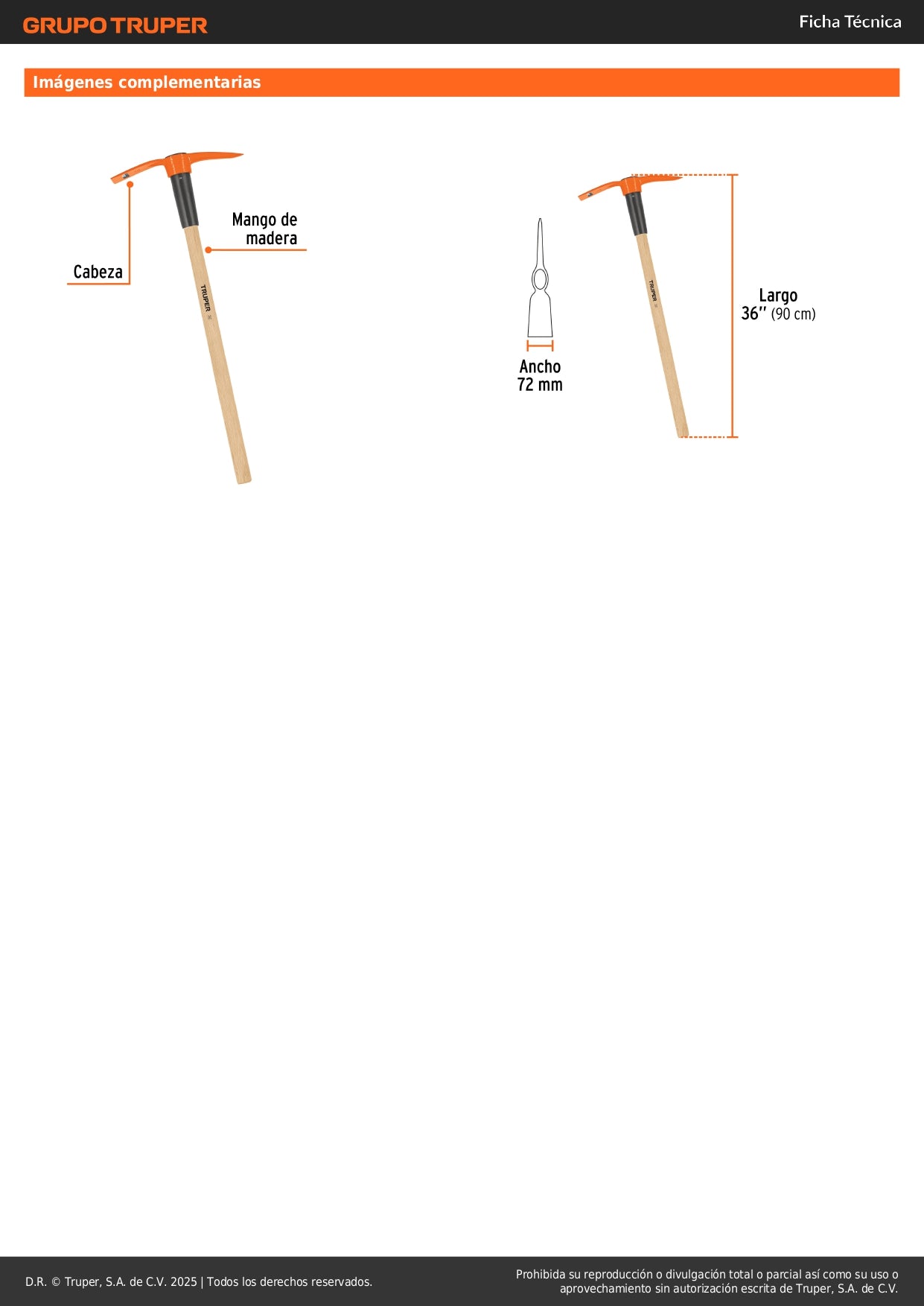 Talacho Pico 2.5 lb Truper TP-2.5MM - Herramienta Profesional para Excavación en Suelo Duro y Superficies Rocosas - Mango Madera 36" - Ideal Construcción y Jardinería