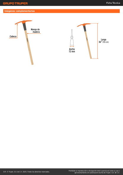 Talacho Pico 2.5 lb Truper TP-2.5MM - Herramienta Profesional para Excavación en Suelo Duro y Superficies Rocosas - Mango Madera 36" - Ideal Construcción y Jardinería