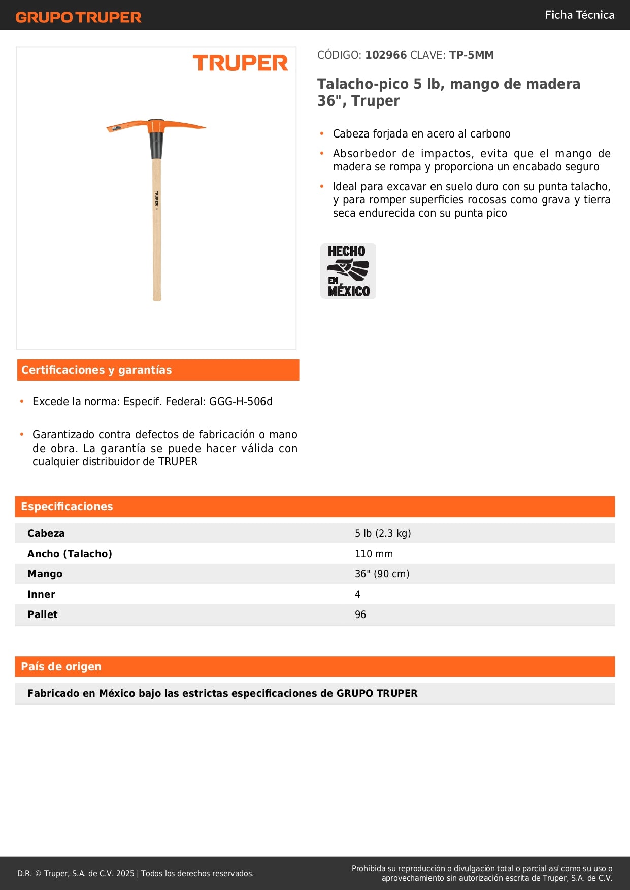 Talacho-Pico Truper 5 lb Mango Madera 36" - Herramienta Excavación Suelo Duro y Demolición Rocas TP-5MM