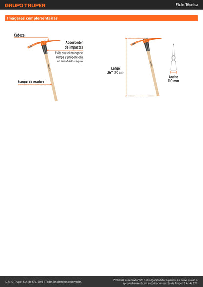 Talacho-Pico Truper 5 lb Mango Madera 36" - Herramienta Excavación Suelo Duro y Demolición Rocas TP-5MM