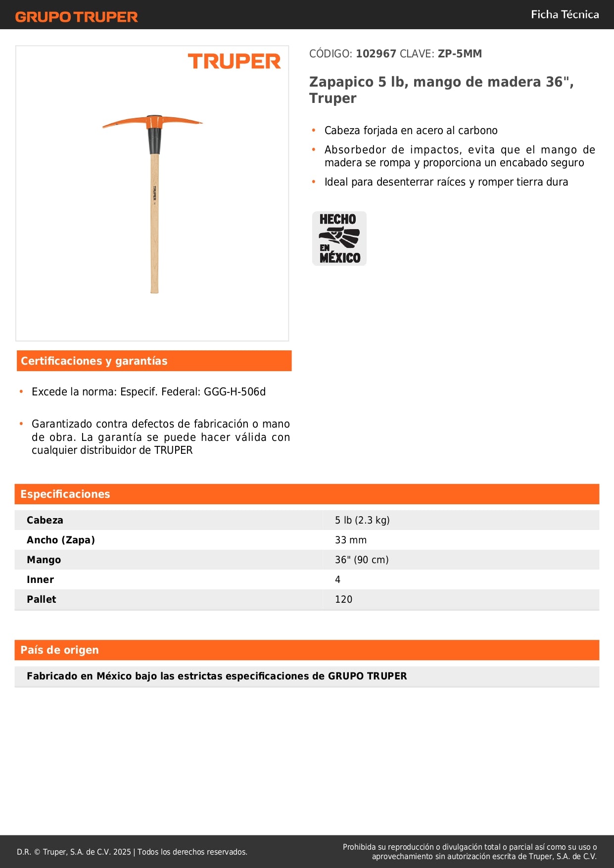 Zapapico Truper 5 lb Mango Madera 36" - Herramienta Profesional para Desenterrar Raíces y Romper Tierra Dura - ZP-5MM