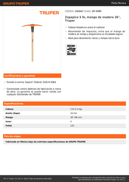 Zapapico Truper 5 lb Mango Madera 36" - Herramienta Profesional para Desenterrar Raíces y Romper Tierra Dura - ZP-5MM